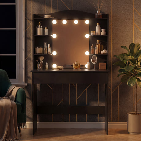 Makeup vanity with mirror and lights in a room setting