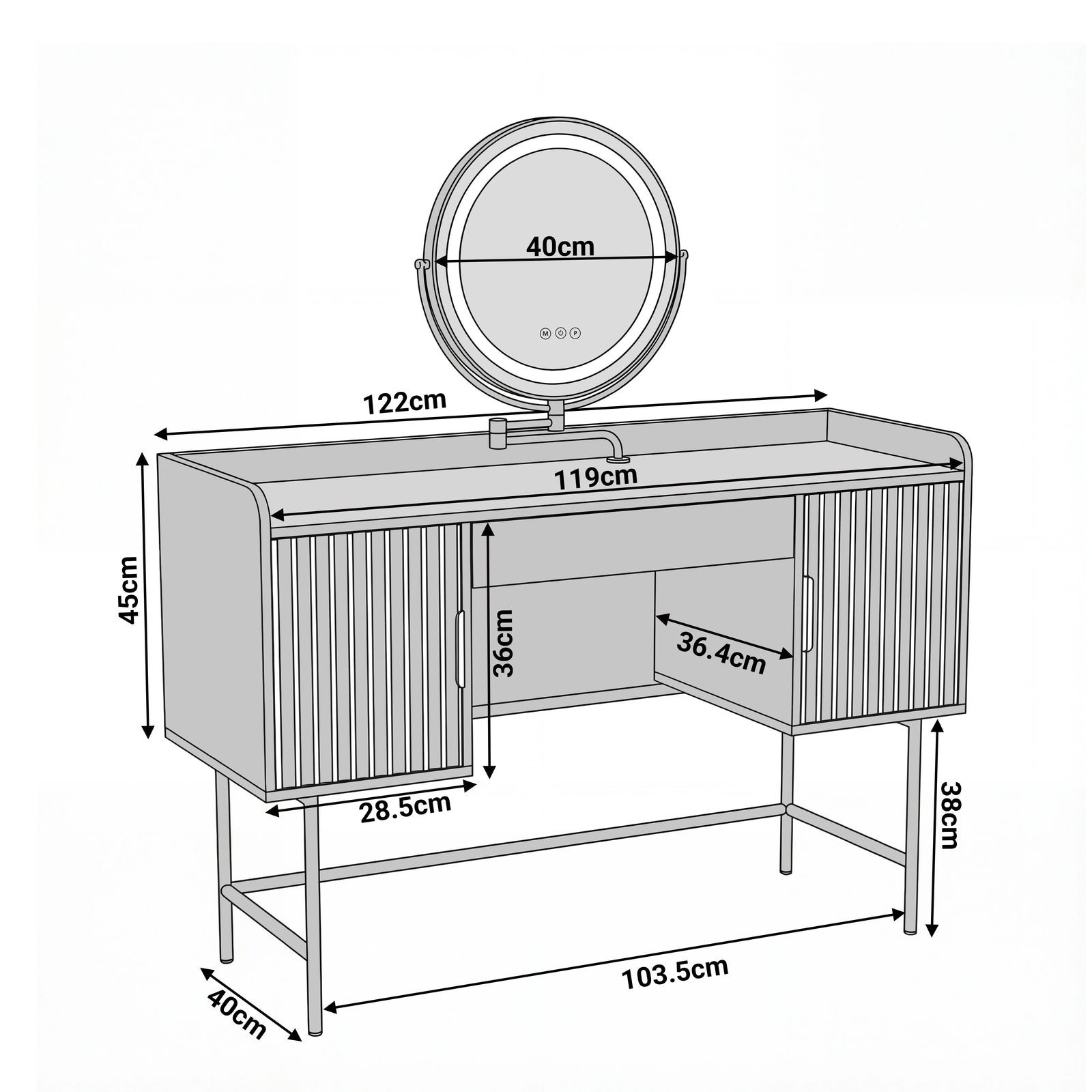[Black] dimensions diagram of the black dressing table: width 119cm, depth 40cm, height 83cm with a 40cm round mirror