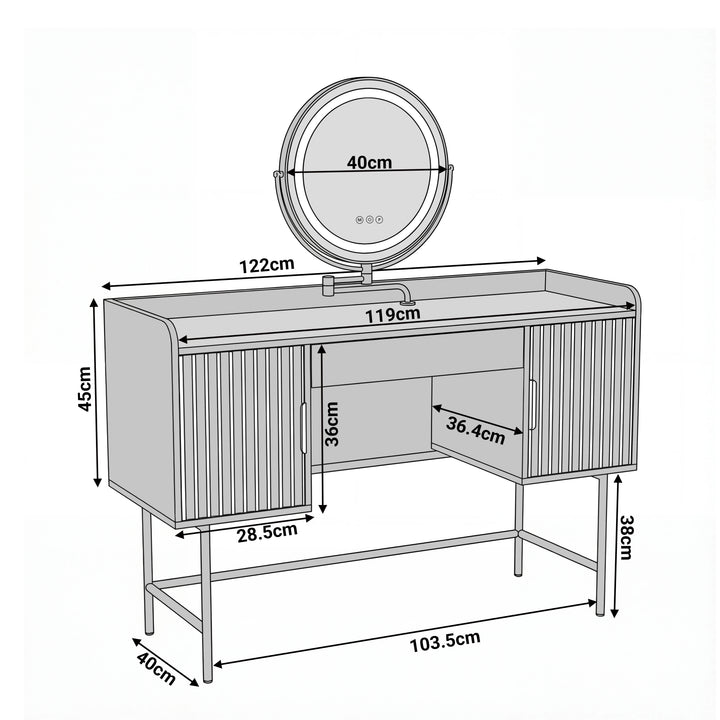 [Black] dimensions diagram of the black dressing table: width 119cm, depth 40cm, height 83cm with a 40cm round mirror
