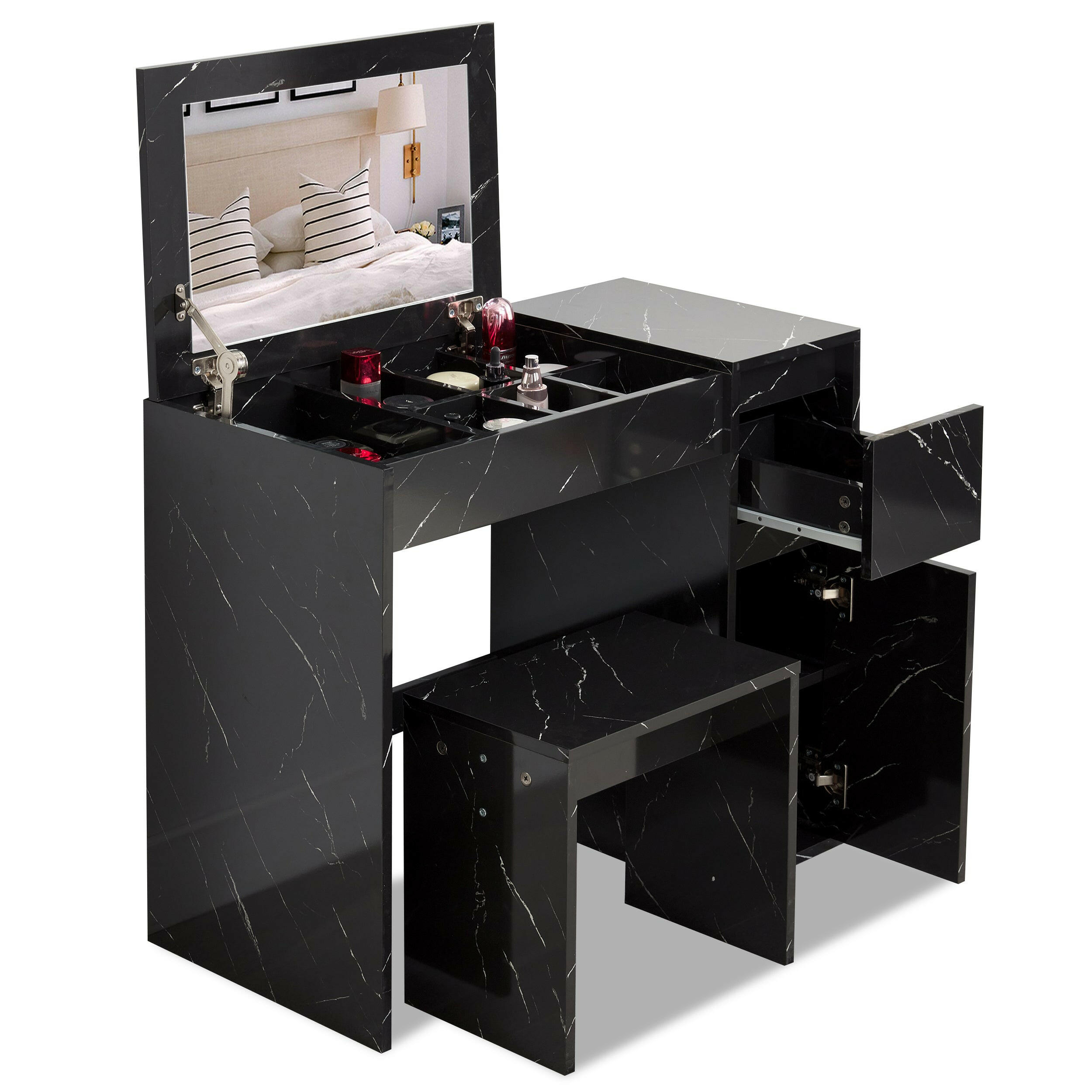 Black dressing table stool with storage, featuring a marble finish, a mirror, and multiple drawers.