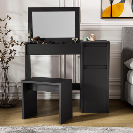 Modern black makeup dressing table with flip-up mirror, storage drawers, and matching stool for bedroom vanity setup.