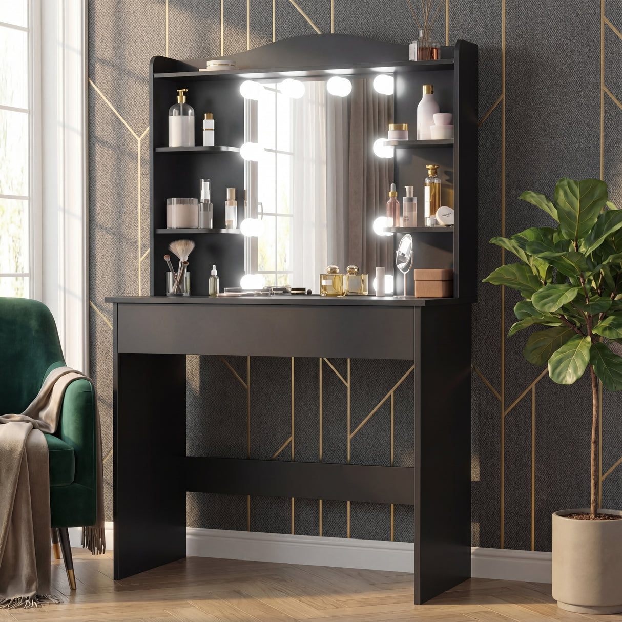 Black vanity table with mirror and lights in a room with a plant and chair.