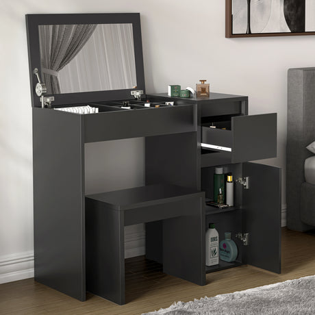Modern black makeup dressing table with flip-up mirror, matching stool, and multiple storage sections including drawers and cabinets.