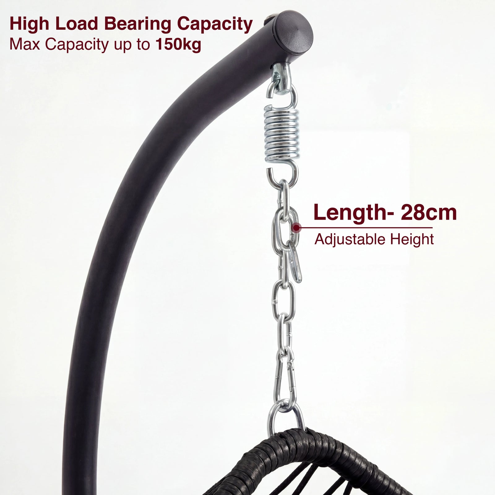 [Black] Close-up of black egg chair stand top showing spring, S-hook and 28cm adjustable hanging chain