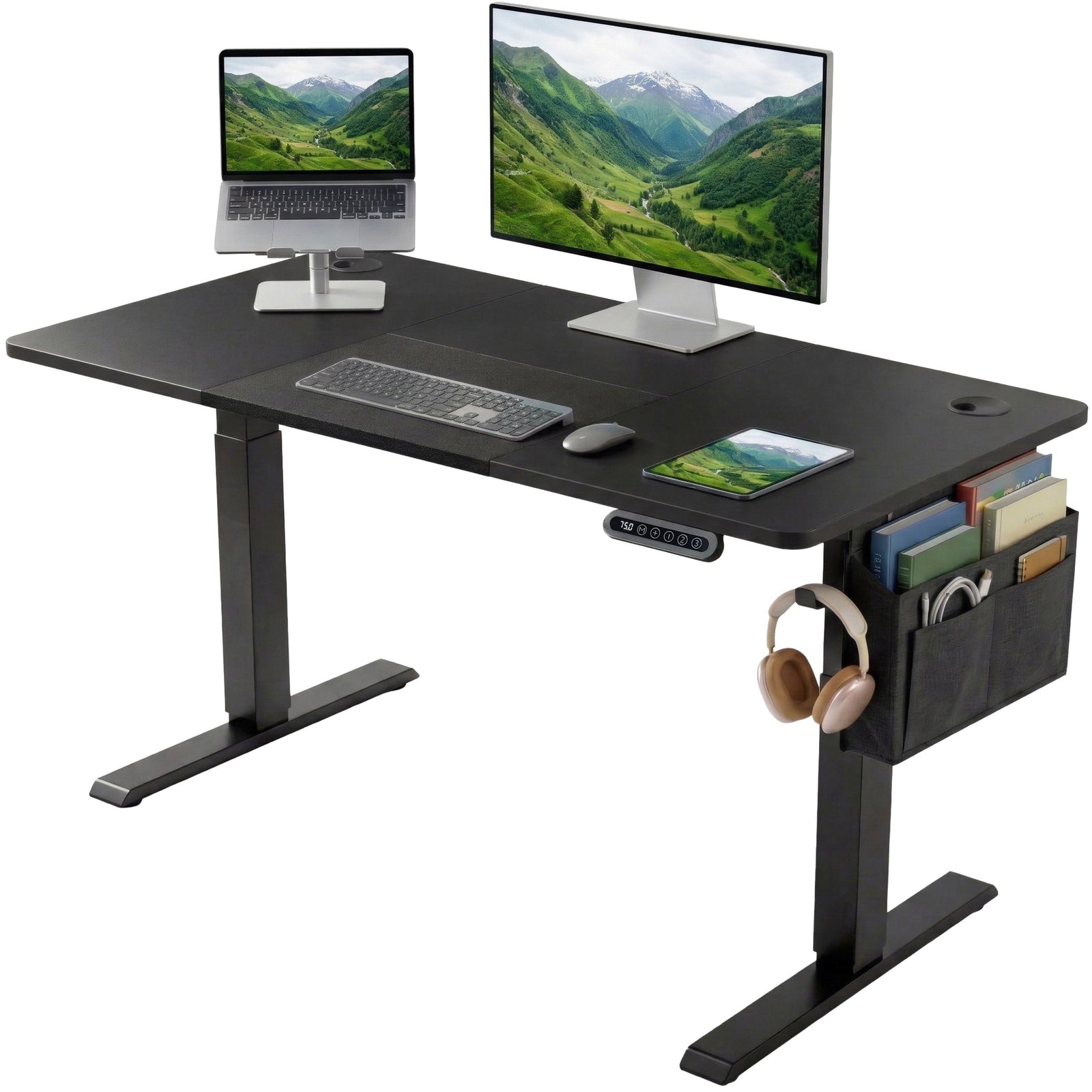 [120cm x 60cm] Electric Standing Desk Height Adjustable showing a dual-device workspace on a black surface featuring an elevated laptop, primary monitor screen, a tablet, and a side storage pouch