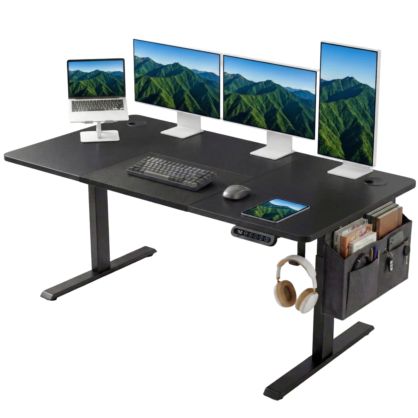 [160cm x 70cm] Electric Standing Desk Height Adjustable showing an expansive four-screen multi-monitor workstation arrangement on a wide black desktop with a hanging headset and side storage pocket.