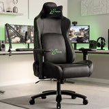 [Black] Ergonomic Gaming Chair with Headrest and Lumbar Support shown at an angle within a green-lit stream setup.