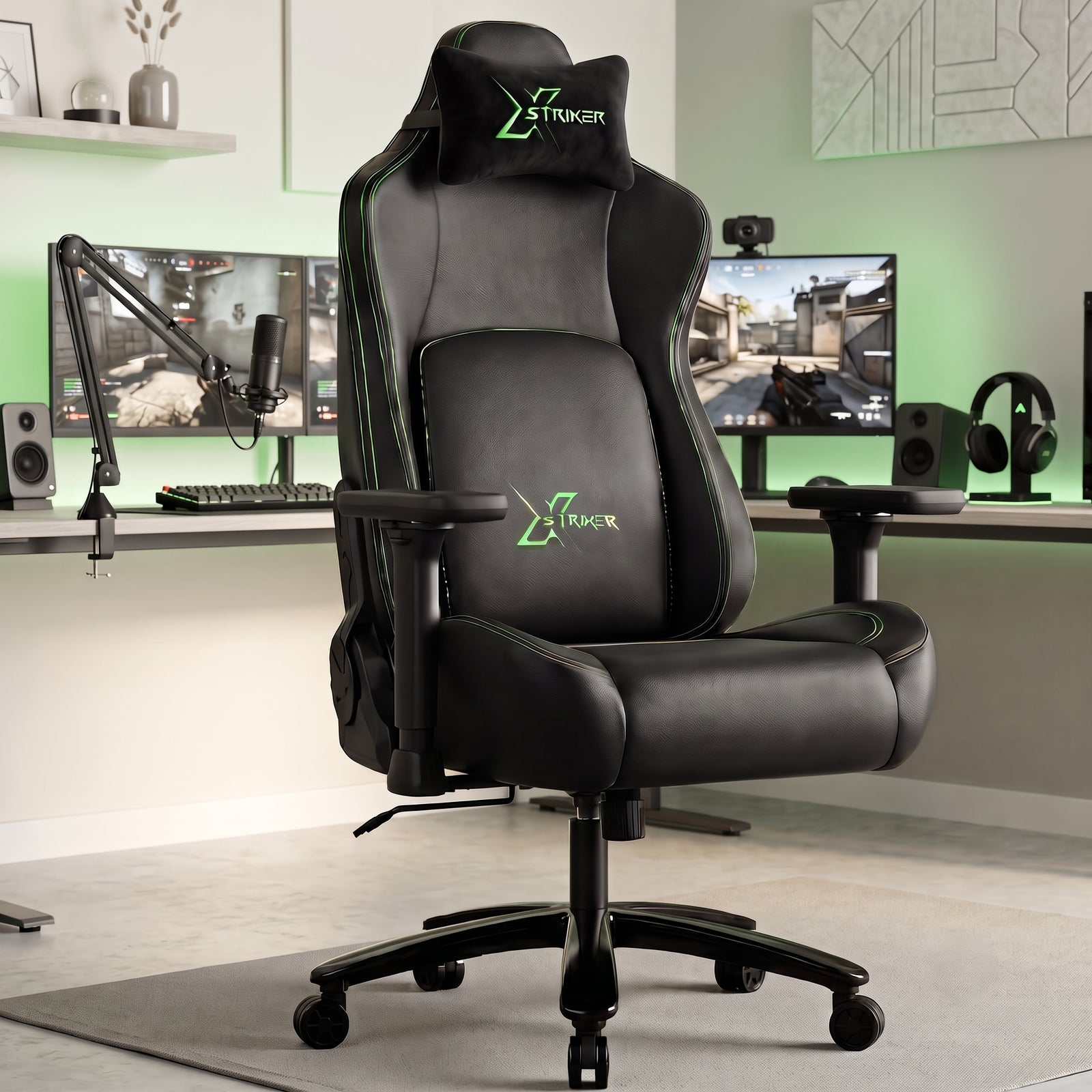 [Black] Ergonomic Gaming Chair with Headrest and Lumbar Support shown at an angle within a green-lit stream setup.