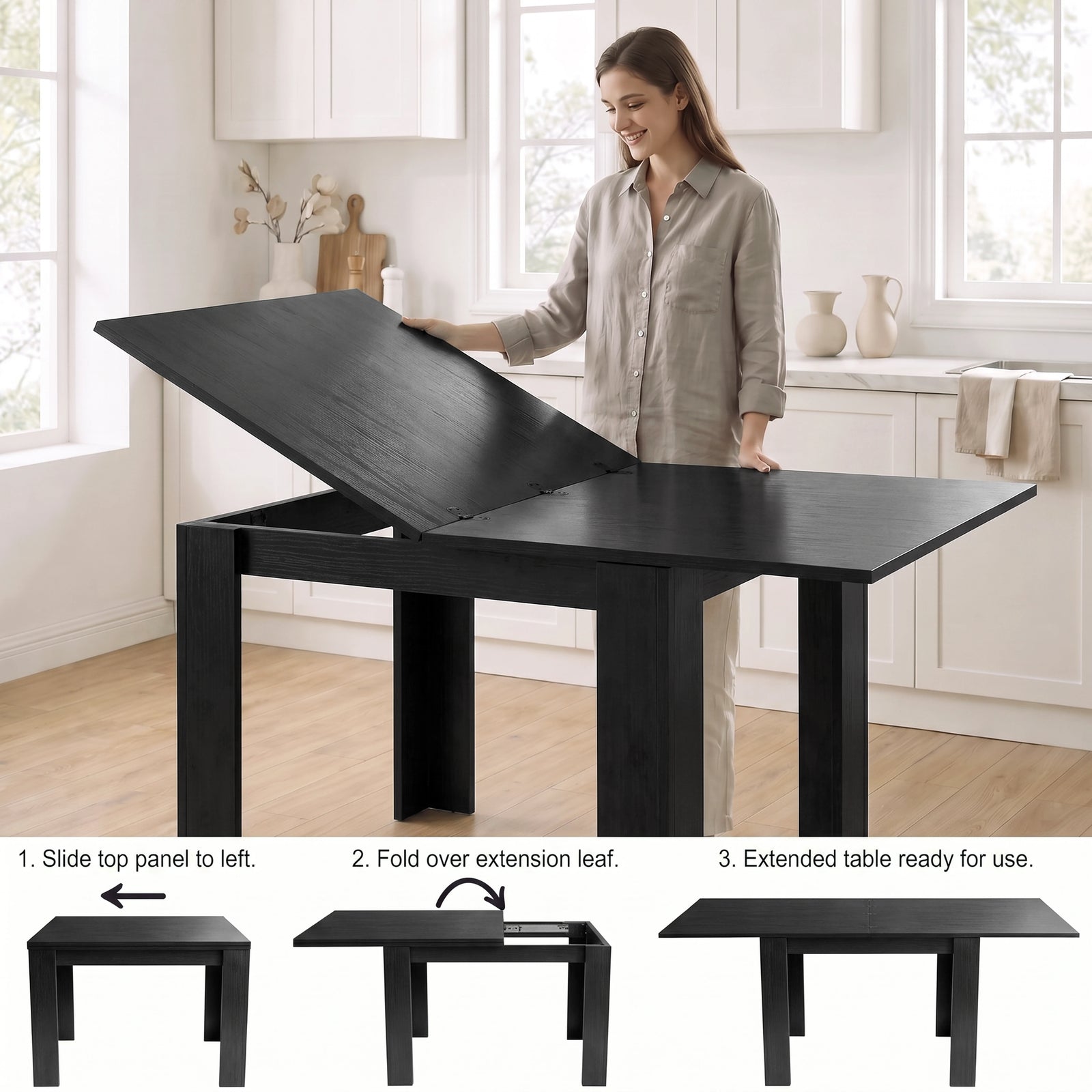 [Black] Woman extending table: Step 1 slide top panel left, Step 2 fold 40cm leaf, Step 3 extended table ready for use