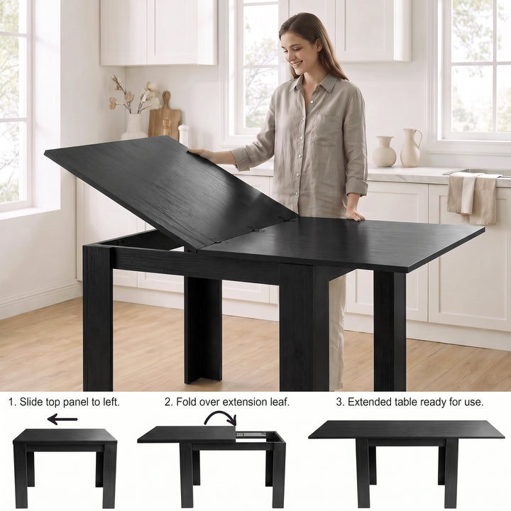 [Black] Woman extending table: Step 1 slide top panel left, Step 2 fold 40cm leaf, Step 3 extended table ready for use