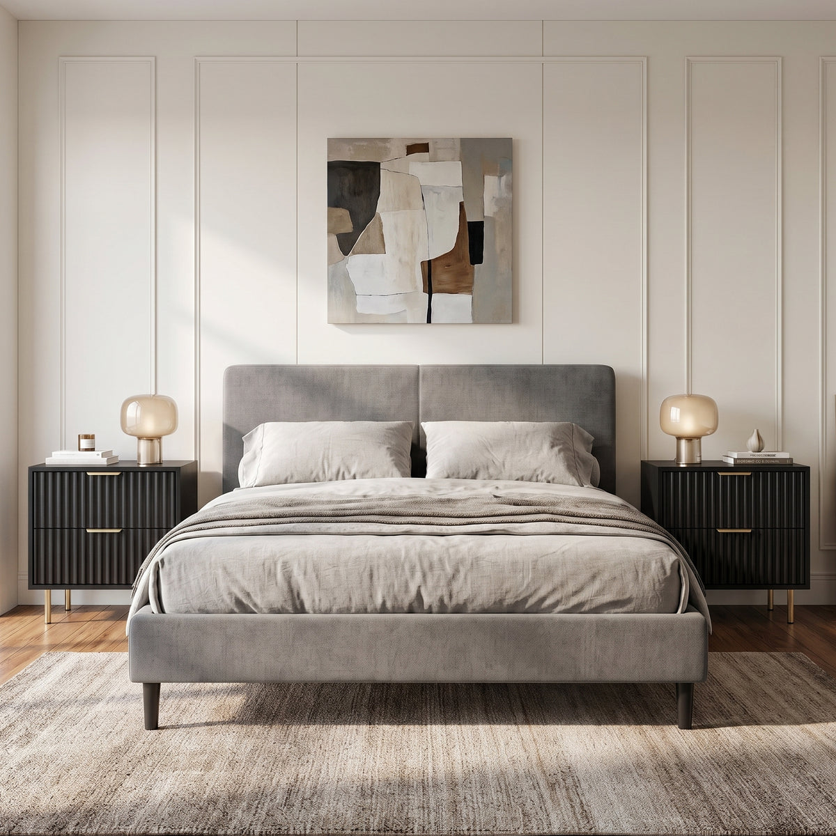 [Black] Pair of Black Fluted 2 Drawer Bedside Tables styled beside a grey bed.