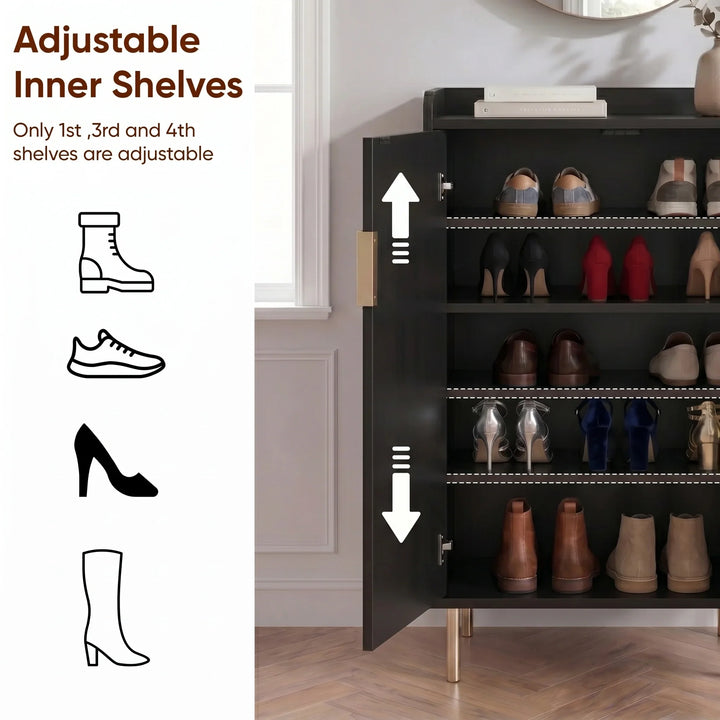 [Black] Fluted Shoe Storage Cabinet feature graphic showing adjustable inner shelves accommodating boots, trainers, heels, and tall boots