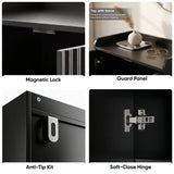 [Black] Fluted Shoe Storage Cabinet feature collage highlighting magnetic lock, guard panel, anti-tip kit, and soft-close hinge details