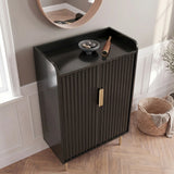 [Black] Fluted Shoe Storage Cabinet aerial view with stone bowl and leather telescope on top, herringbone floor and round mirror behind