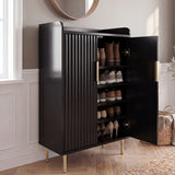 [Black] Fluted Black Painted 5 Tier Shoe Storage shown open with fluted doors, gold legs