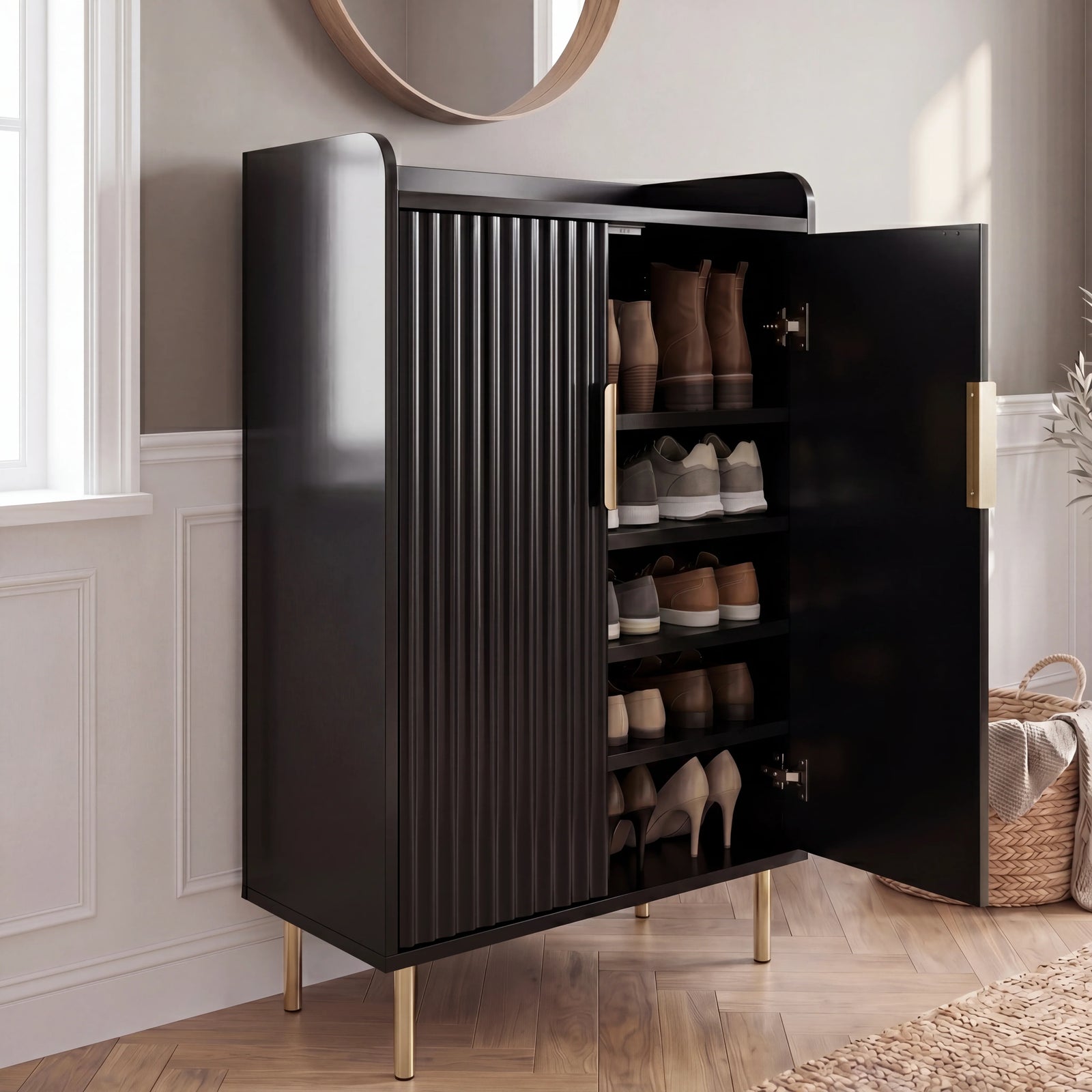 [Black] Fluted Black Painted 5 Tier Shoe Storage shown open with fluted doors, gold legs