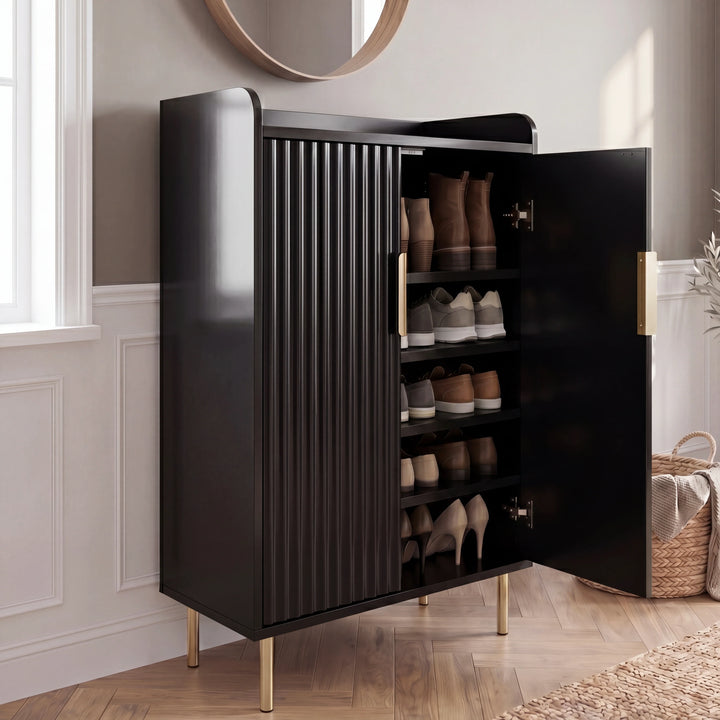 [Black] Fluted Black Painted 5 Tier Shoe Storage shown open with fluted doors, gold legs