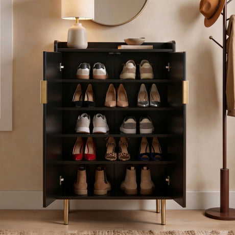 [Black | 60cm] Flutrina shoe cabinet with both doors open showing five shelves filled with shoes, boots, and heels