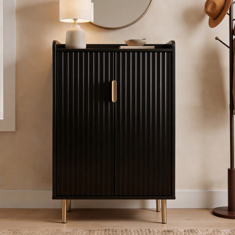 [Black | 60cm] Flutrina shoe cabinet in a hallway with doors closed, a lamp and mirror on the wall, coat stand beside