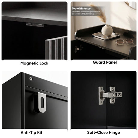 [Black | 60cm] Flutrina detail composite showing magnetic lock, guard panel top, anti-tip kit, and soft-close hinge