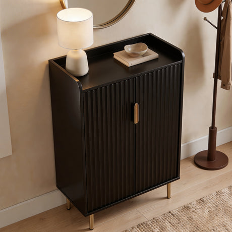 [Black | 60cm] Flutrina shoe cabinet from the left in a hallway with a lamp and book resting on the guard panel top