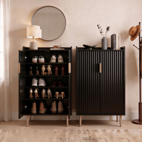 [Black | 60cm] Two Flutrina shoe cabinets side by side beneath a round mirror, one open with shoes, one closed