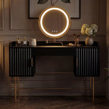 Black flutrina vanity table with LED lighting and gold legs, offering a sleek and modern look with a round mirror