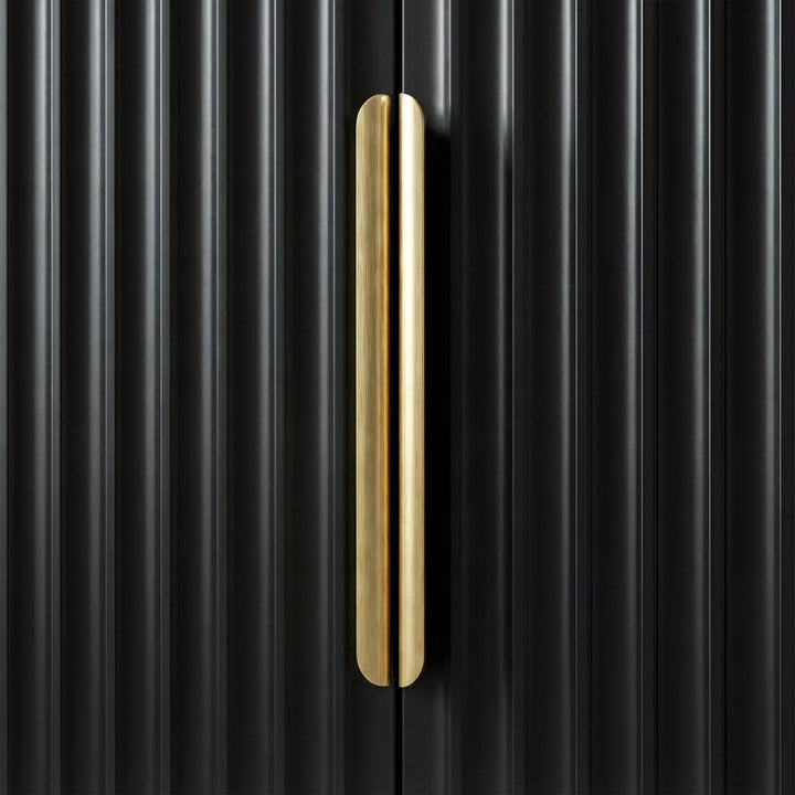 [Black] Flutrina black wardrobe vertical handle close up with metallic golden finish and textured door surface