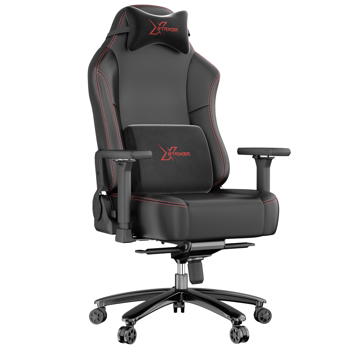 Office Gaming Chair with Wide Seat PC Computer Gamer Chair Xstriker in black with red stitching, featuring thick seat cushion, lumbar and neck support.