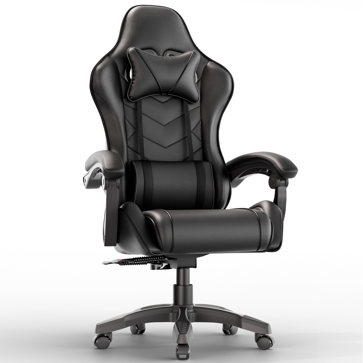 Ergonomic gaming chair with lumbar support and padded armrest in black leather finish, ideal for long gaming or office sessions. Features high backrest, headrest pillow.