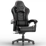 Ergonomic gaming chair with lumbar support and padded armrest in black leather finish, ideal for long gaming or office sessions. Features high backrest, headrest pillow.