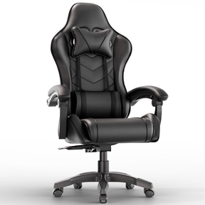[Black] Gaming chair for adults with lumbar support and padded armrest in black leather finish, ideal for long gaming or office sessions. Features high backrest, headrest pillow.