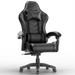 Ergonomic gaming chair with lumbar support and padded armrest in black leather finish, ideal for long gaming or office sessions. Features high backrest, headrest pillow.