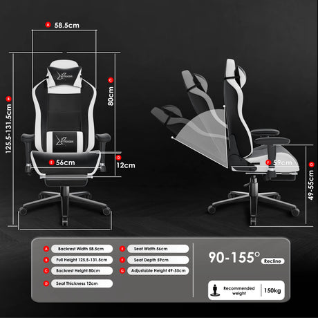 Gaming chair with dimensions and features displayed on a black background