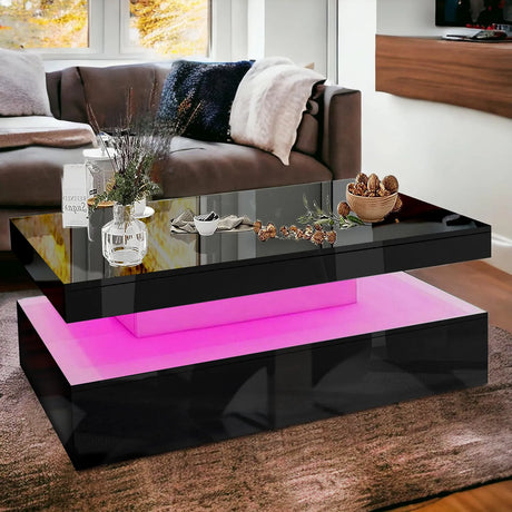 Black gloss coffee table with LED lights, two-tier design, perfect for contemporary living rooms.