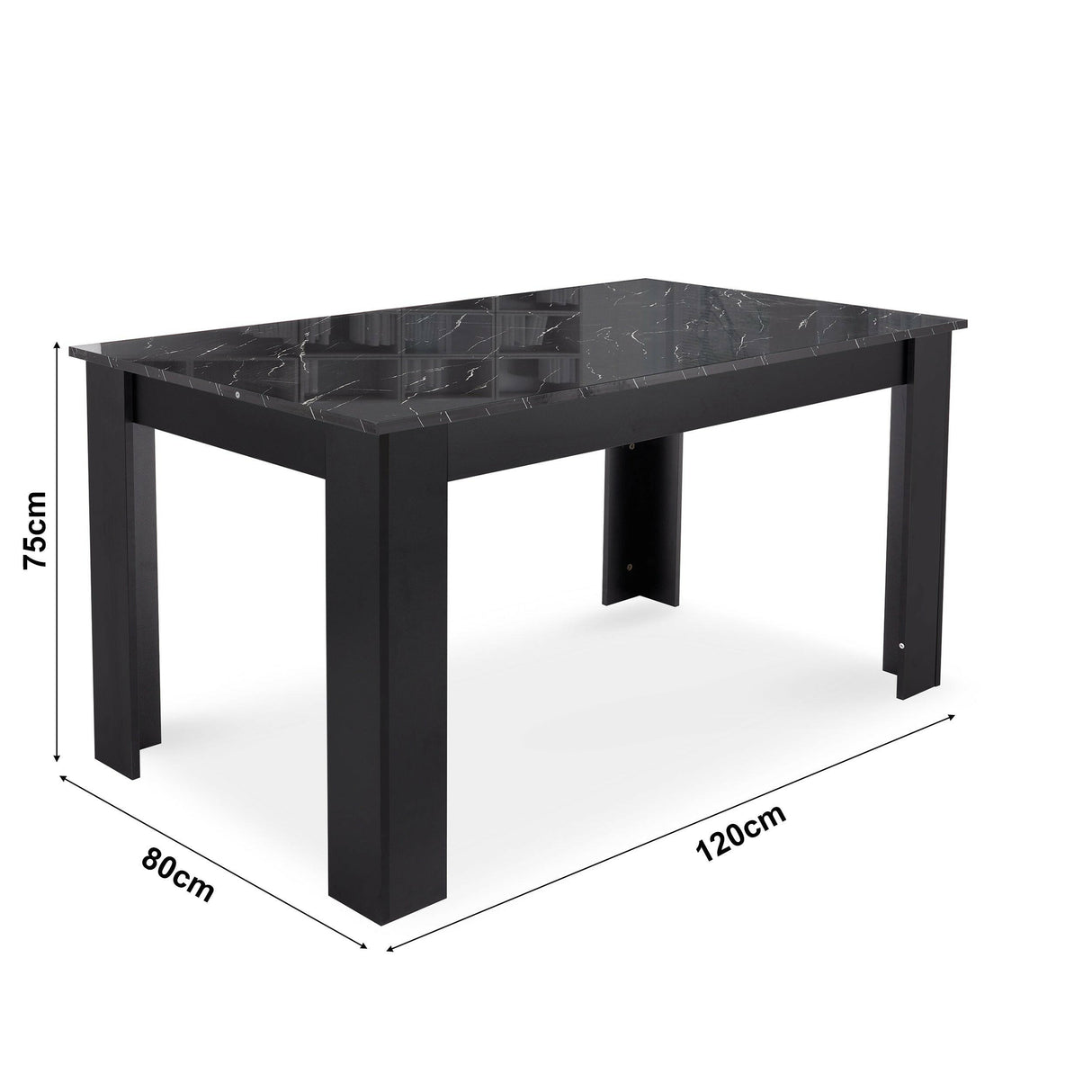 Black gloss dining table set with sleek design, includes dimensions: L120 x W70 x H75 cm.