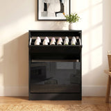 [Black] glossy slim shoe cabinet for hallway reflecting living room furniture pieces on the front panel