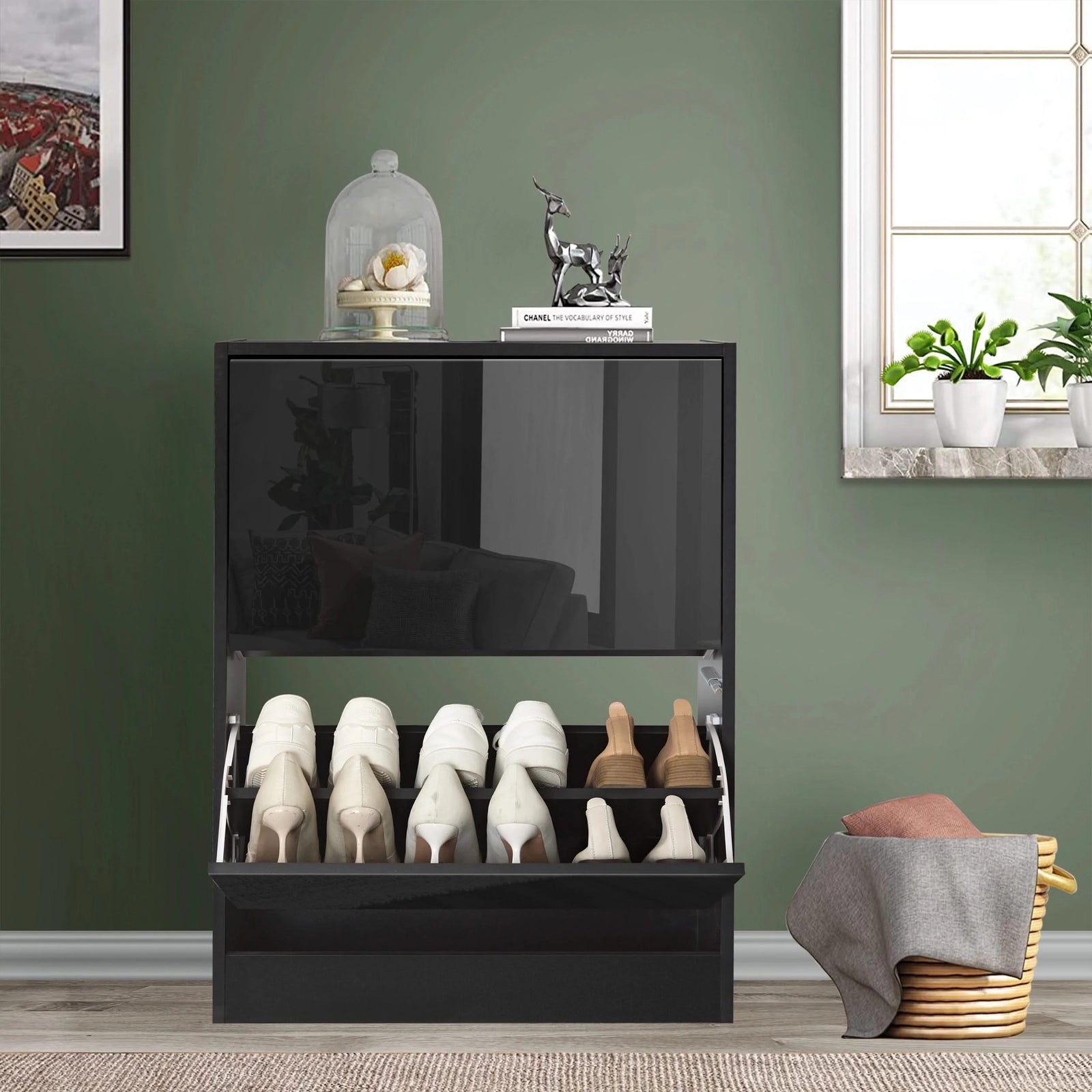 [Black] glossy black slim shoe cabinet for hallway reflecting living room furniture pieces on the front panel