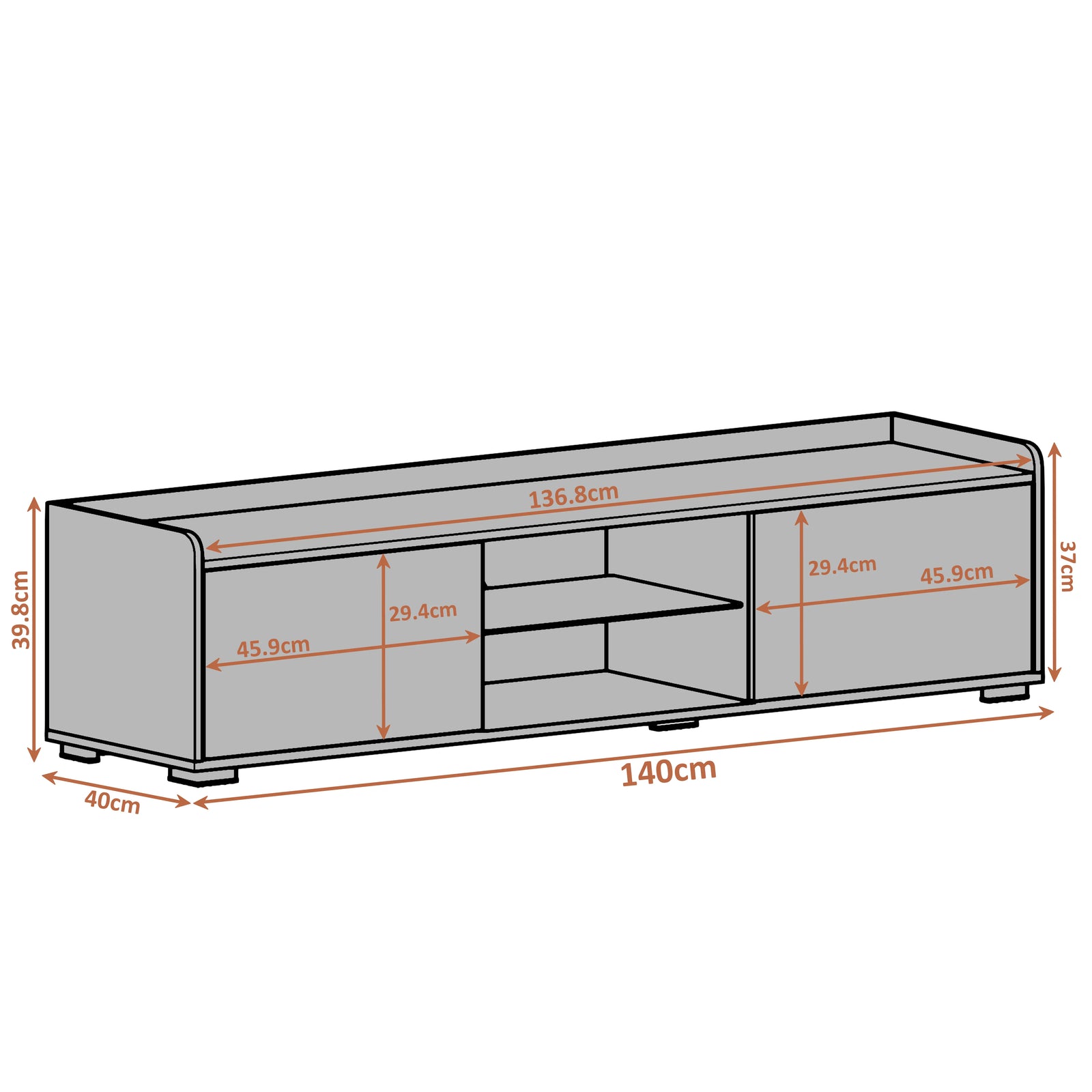 [Black] black TV unit dimensions diagram 140cm wide 40cm deep 35.9cm tall with 136.8cm top opening