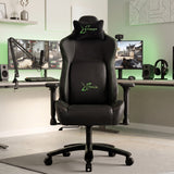 [Black] Ergonomic Gaming Chair with Headrest and Lumbar Support straight-on view highlighting its green stitching accents.