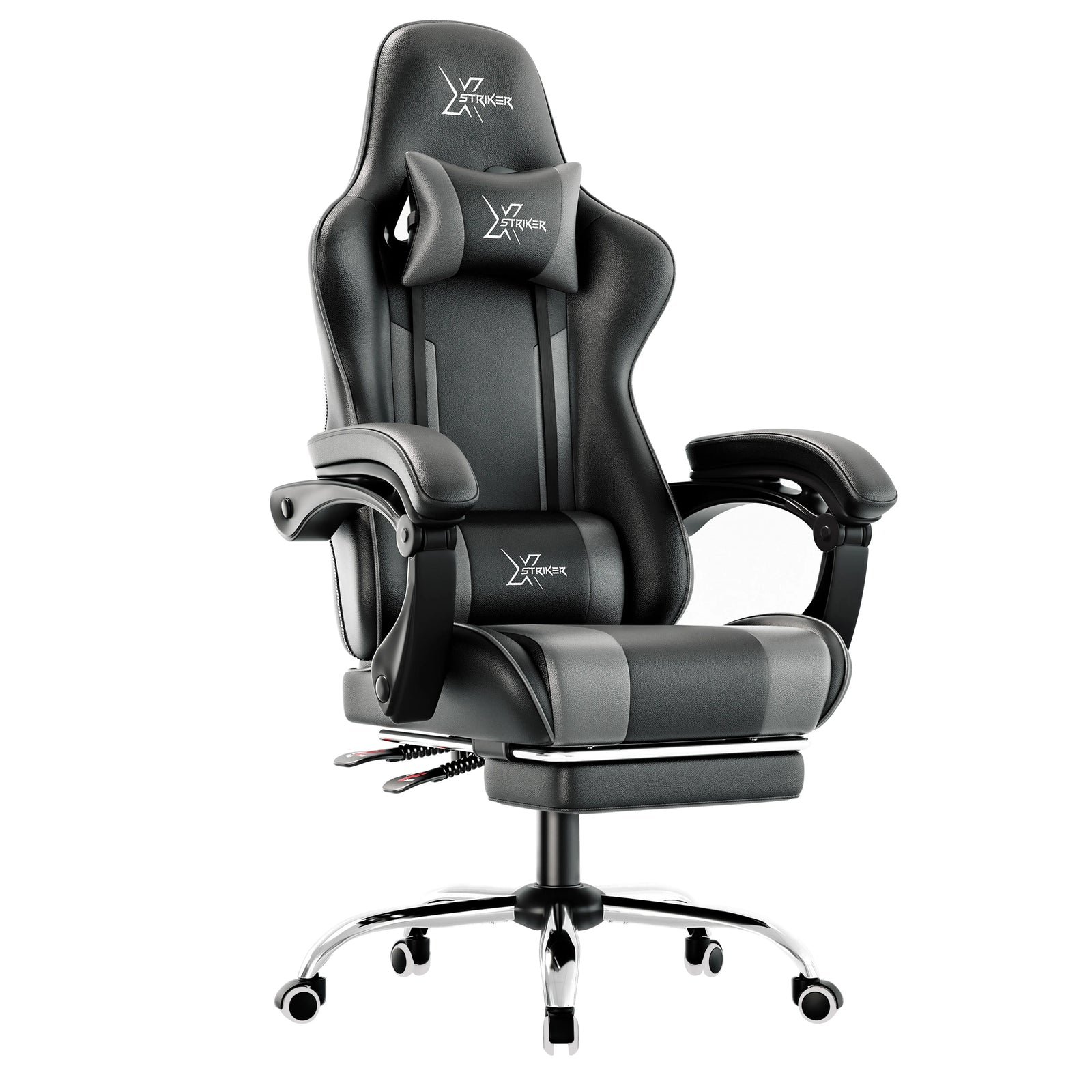 [Black + Grey] Xstriker office Chair With Footrest in black and grey, featuring ergonomic design, lumbar support, and retractable footrest for home or office use.