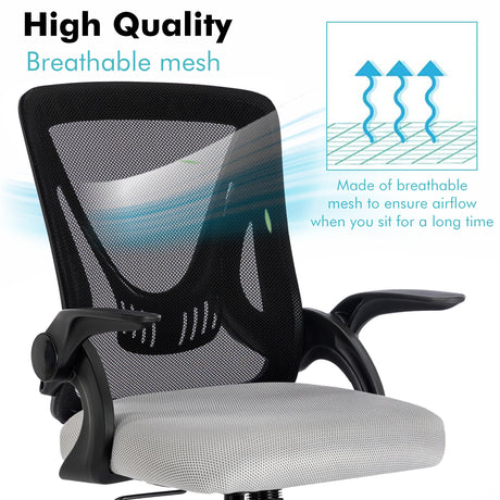 Black and grey mesh chair with breathable backrest, offering comfort and airflow for extended use.