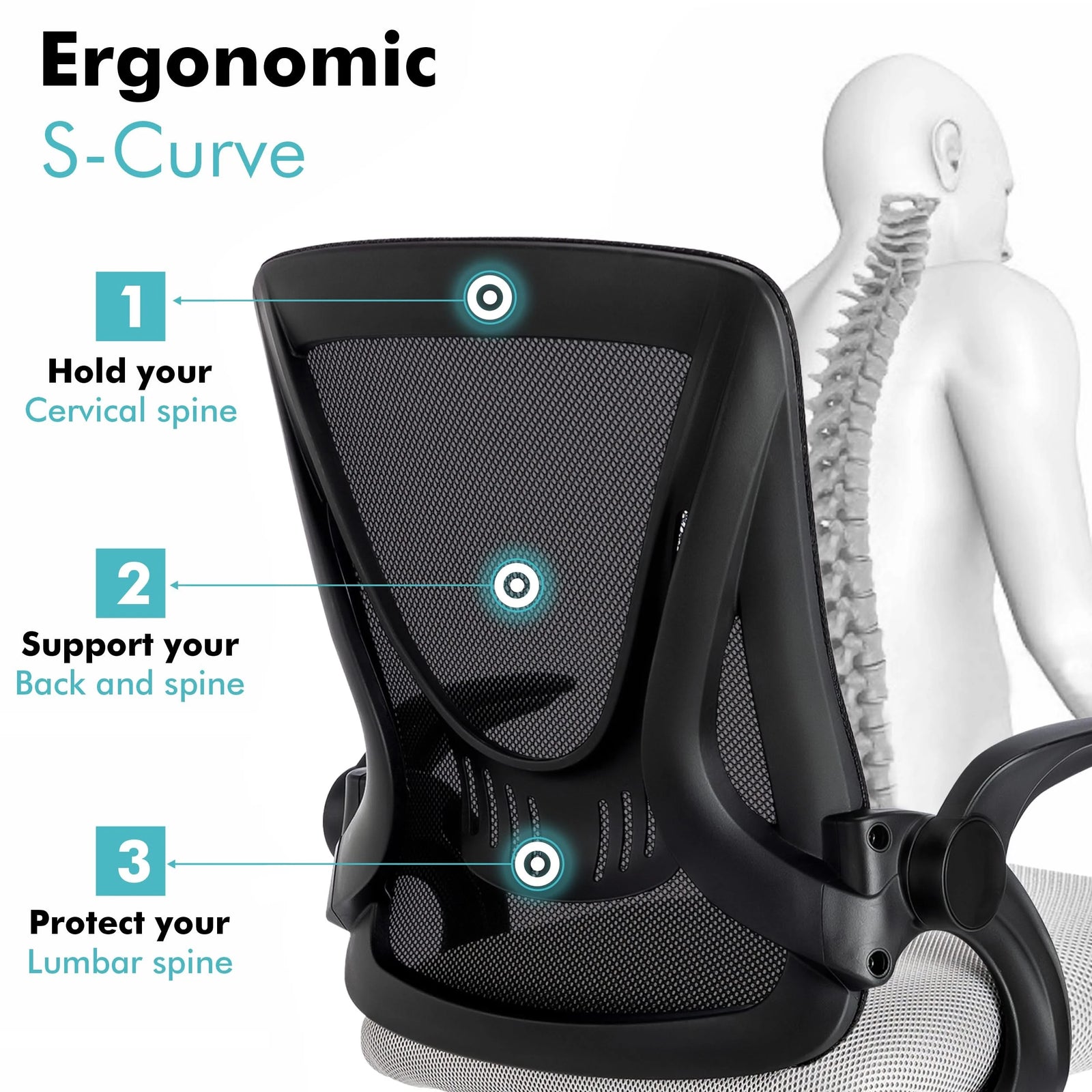 [Black + Grey] Black and grey lumbar support chair with mesh backrest, reducing strain on the back during work hours.