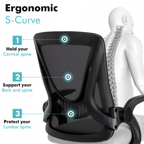 Black and grey lumbar support chair with mesh backrest, reducing strain on the back during work hours.