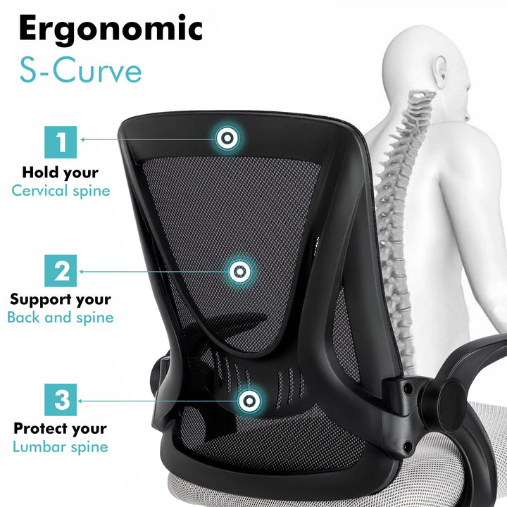 [Black + Grey] Black and grey lumbar support chair with mesh backrest, reducing strain on the back during work hours.