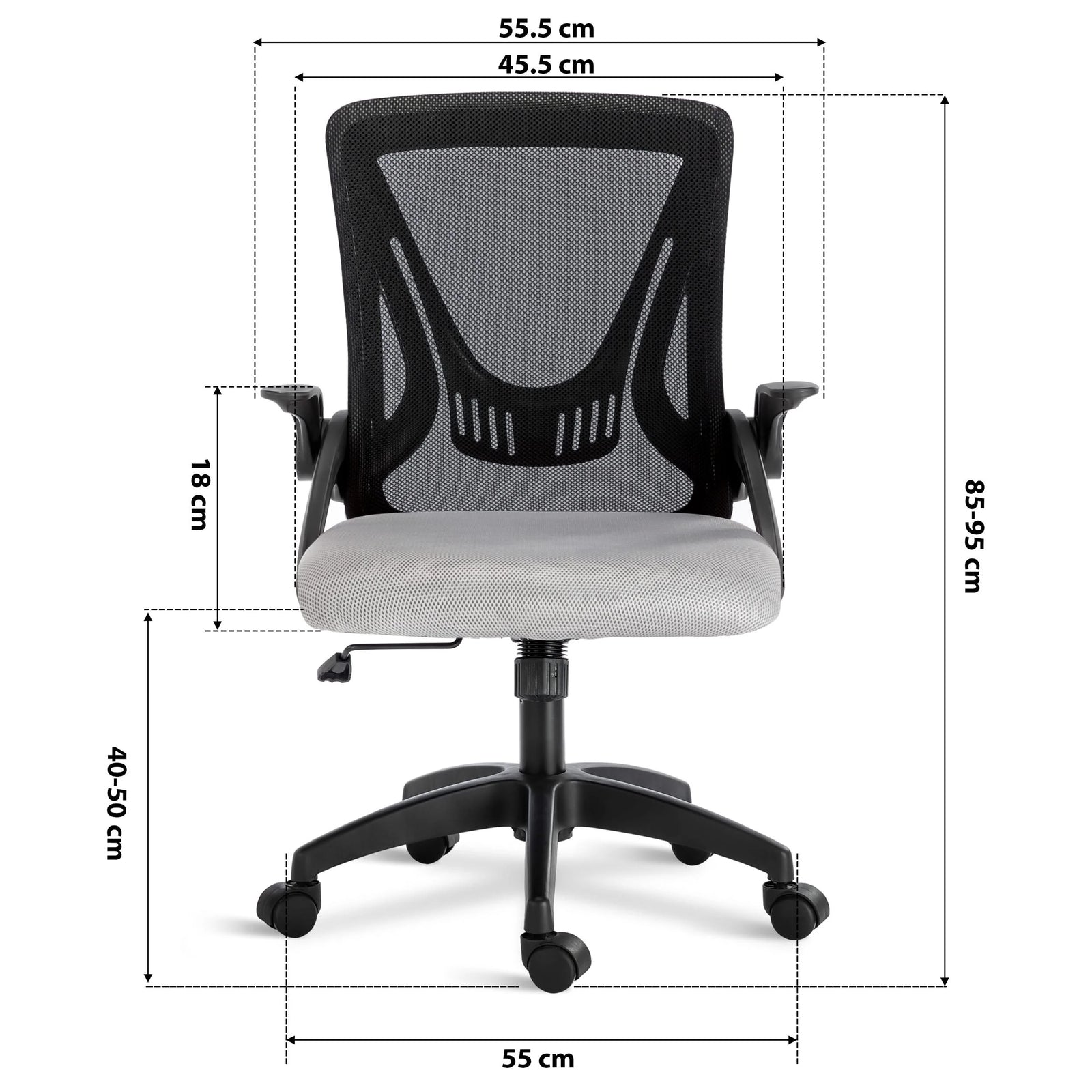 [Black + Grey] black and grey spinny chair dimension: 45.5cm seat width, 55cm wheelbase, adjustable 85–95cm height & mesh backrest.