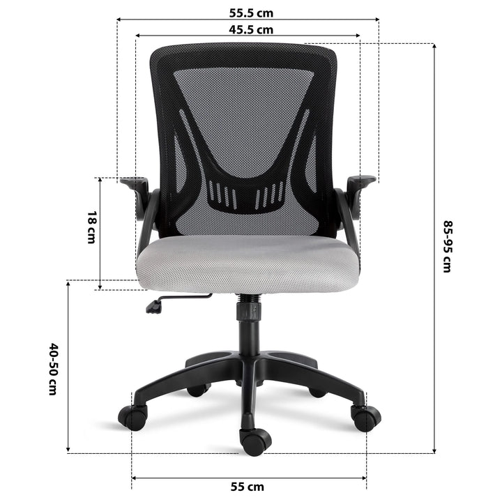 [Black + Grey] black and grey spinny chair dimension: 45.5cm seat width, 55cm wheelbase, adjustable 85–95cm height & mesh backrest.