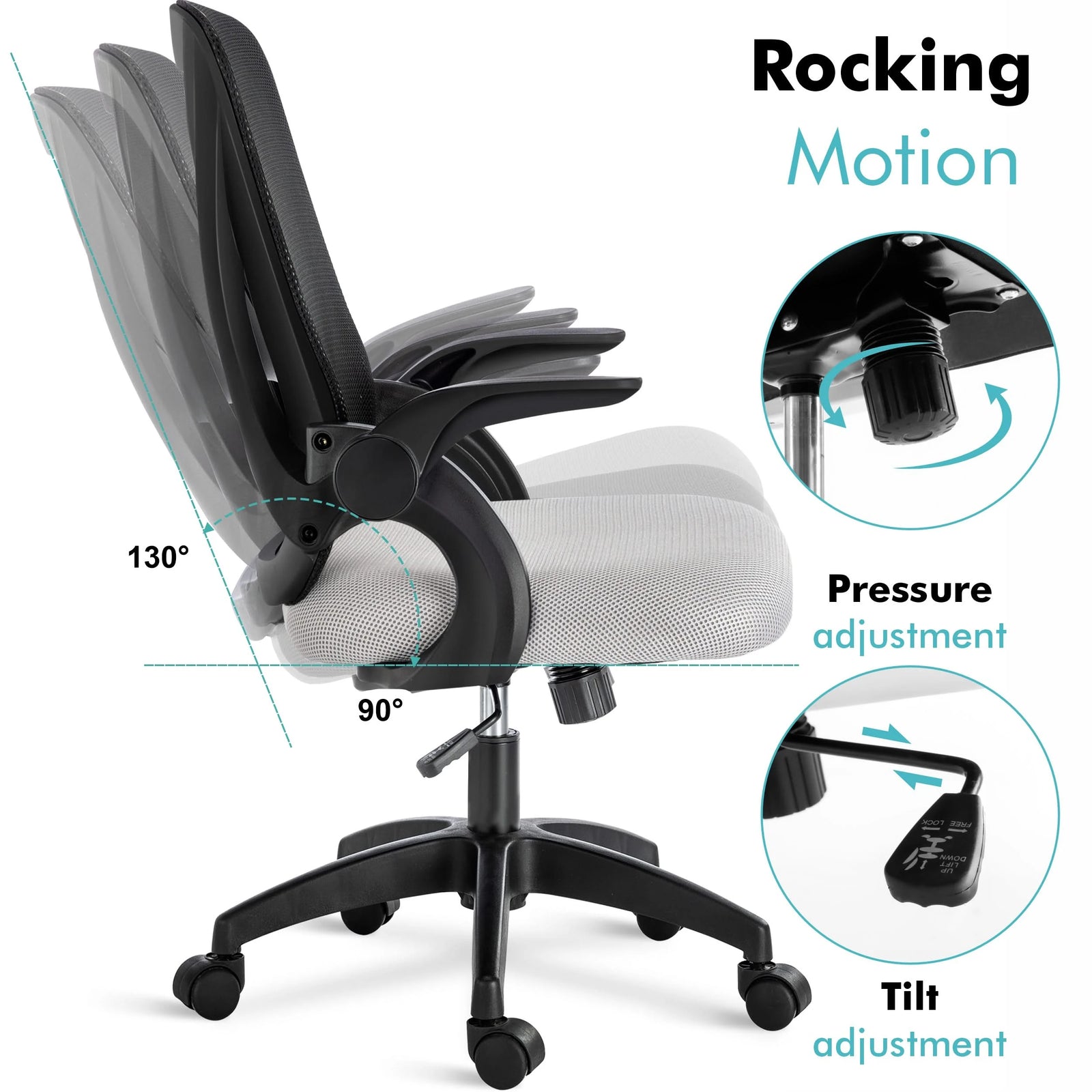 [Black + Grey] Black and grey desk chair with adjustable height, tilt lock, and mesh backrest for ergonomic seating.