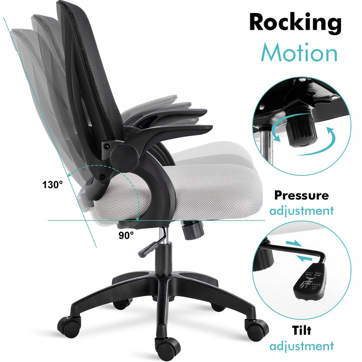 [Black + Grey] Black and grey desk chair with adjustable height, tilt lock, and mesh backrest for ergonomic seating.