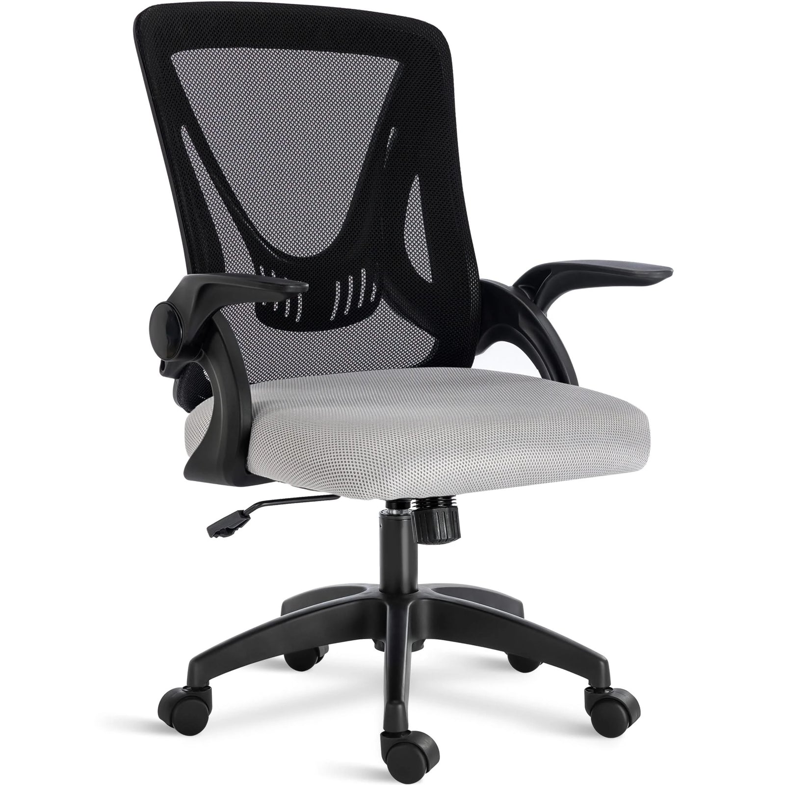 [Black + Grey] Black and grey mesh chair with breathable backrest, adjustable height, and padded seat for comfort during long hours.